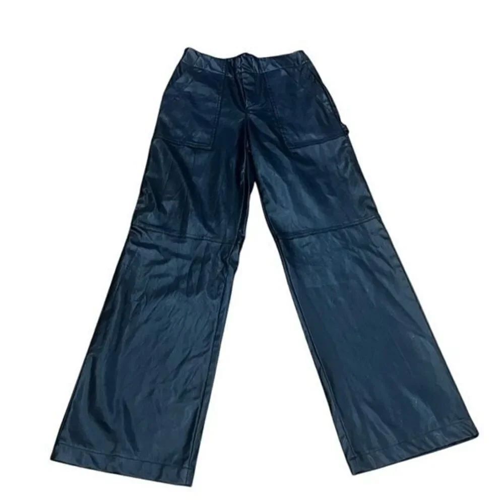 Zara Black Vegan Leather Cargo Carpenter Wide leg Pants Size XS
